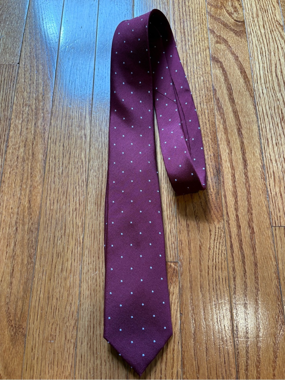 The Tie Bar Burgundy Wool-Silk Men’s Tie with Small White Polka Dots